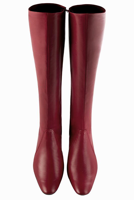 Botte femme : Bottes femme féminines sur mesures couleur rouge carmin. Bout rond. Talon haut trotteur. Vue du dessus - Florence KOOIJMAN
