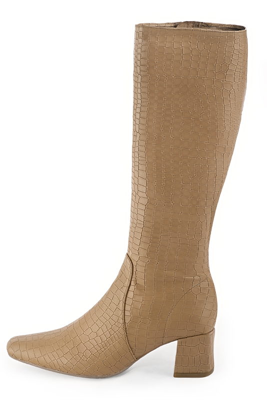 Botte femme : Bottes femme féminines sur mesures couleur beige camel. Bout carré. Talon mi-haut bottier. Vue de profil - Florence KOOIJMAN