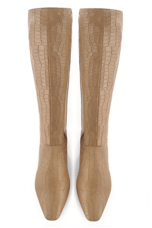Botte femme : Bottes femme féminines sur mesures couleur beige camel. Bout carré. Talon mi-haut bottier. Vue du dessus - Florence KOOIJMAN