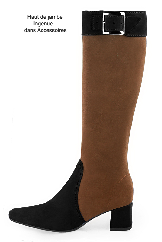 Botte femme : Bottes femme féminines sur mesures couleur noir mat et marron caramel. Bout carré. Talon mi-haut bottier. Vue de profil - Florence KOOIJMAN