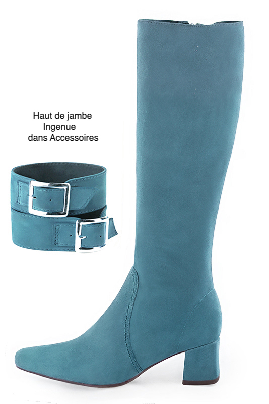 Botte femme : Bottes femme féminines sur mesures couleur bleu canard. Bout carré. Talon mi-haut bottier. Vue de profil - Florence KOOIJMAN