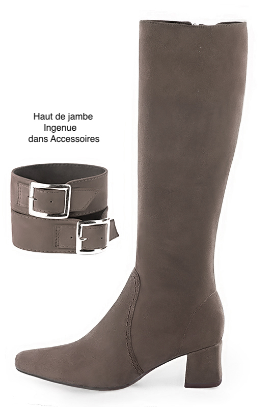 Botte femme : Bottes femme féminines sur mesures couleur marron taupe. Bout carré. Talon mi-haut bottier. Vue de profil - Florence KOOIJMAN