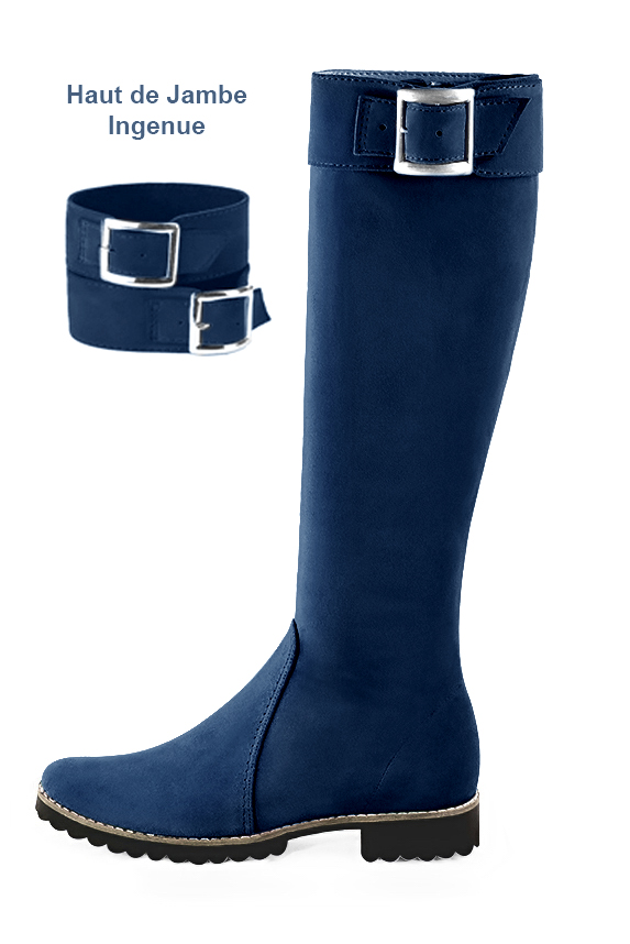 Botte femme : Bottes femme cavalières sur mesures couleur bleu marine. Bout rond. Semelle gomme talon plat. Vue de profil - Florence KOOIJMAN