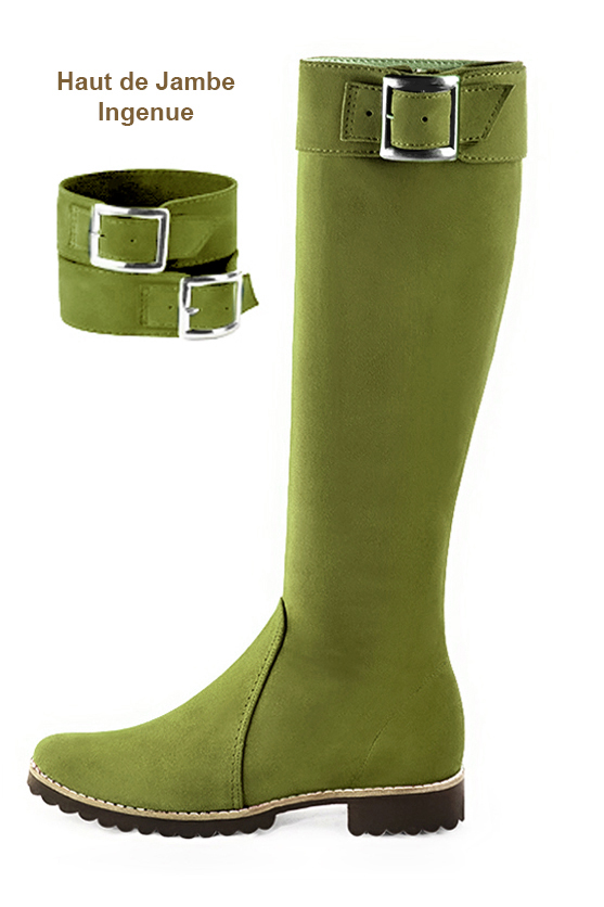 Bottes femme cavalières élégantes et raffinées, réalisées sur mesure, coloris vert pistache. Bout rond. Semelle gomme plat. Mollets fins ou larges. Personnalisation : Choix des cuirs, des couleurs et des talons. - Florence KOOIJMAN