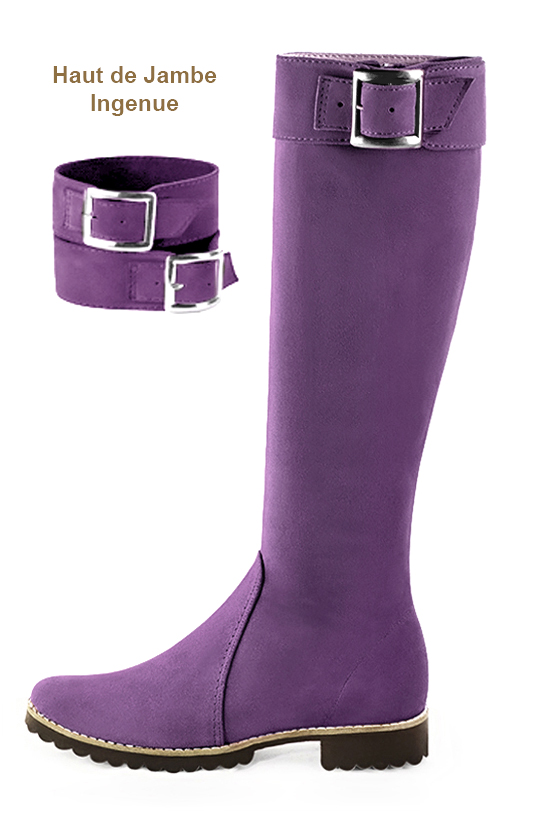 Bottes femme cavalières élégantes et raffinées, réalisées sur mesure, coloris violet améthyste. Bout rond. Semelle gomme plat. Mollets fins ou larges. Personnalisation : Choix des cuirs, des couleurs et des talons. - Florence KOOIJMAN