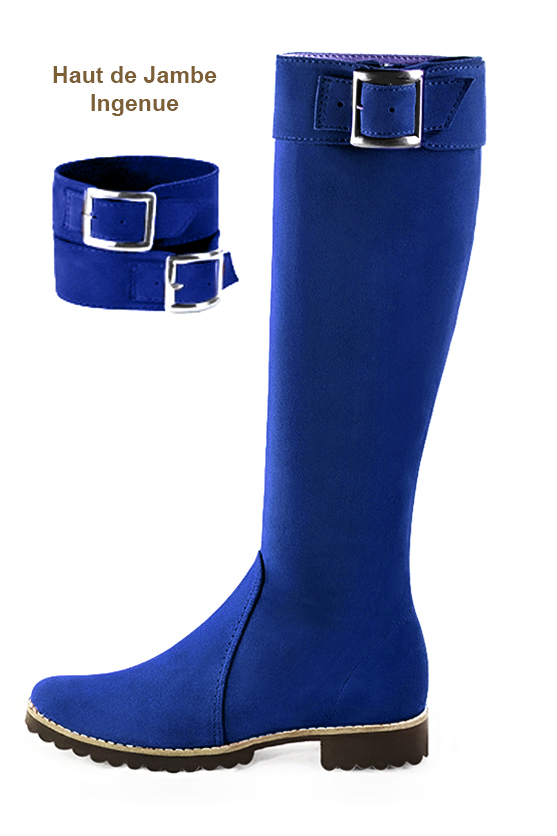 Bottes femme cavalières élégantes et raffinées, réalisées sur mesure, coloris bleu électrique. Bout rond. Semelle gomme plat. Mollets fins ou larges. Personnalisation : Choix des cuirs, des couleurs et des talons. - Florence KOOIJMAN