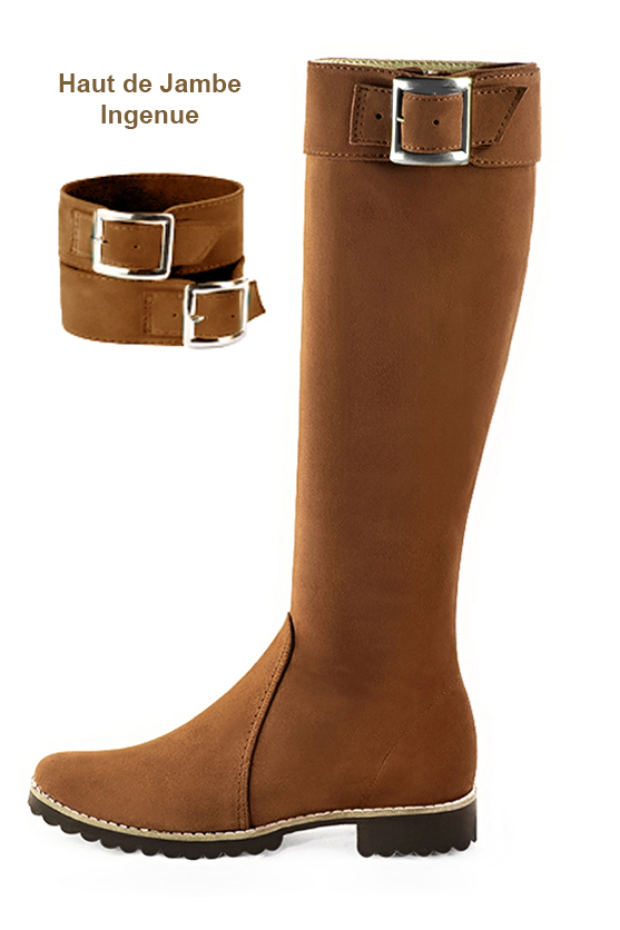Bottes femme cavalières élégantes et raffinées, réalisées sur mesure, coloris marron caramel. Bout rond. Semelle gomme plat. Mollets fins ou larges. Personnalisation : Choix des cuirs, des couleurs et des talons. - Florence KOOIJMAN