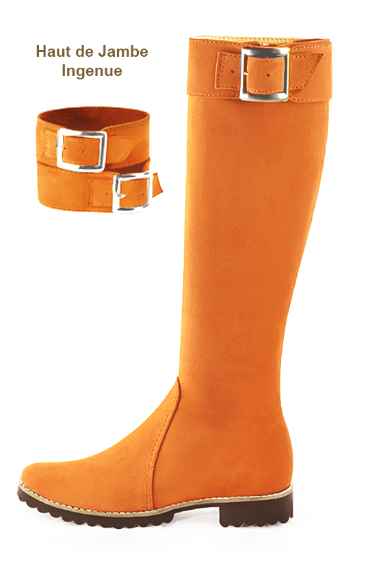 Bottes femme cavalières élégantes et raffinées, réalisées sur mesure, coloris orange abricot. Bout rond. Semelle gomme plat. Mollets fins ou larges. Personnalisation : Choix des cuirs, des couleurs et des talons. - Florence KOOIJMAN