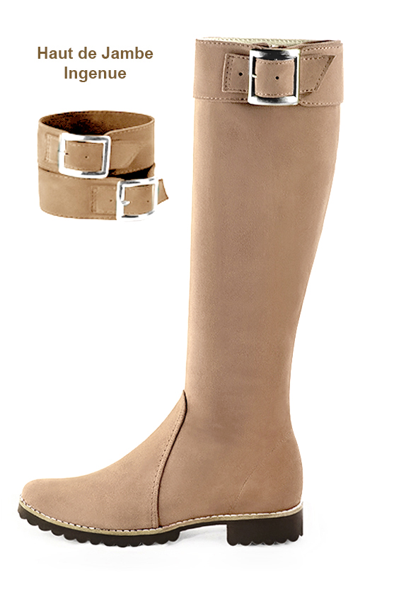 Bottes femme cavalières élégantes et raffinées, réalisées sur mesure, coloris beige sahara. Bout rond. Semelle gomme plat. Mollets fins ou larges. Personnalisation : Choix des cuirs, des couleurs et des talons. - Florence KOOIJMAN