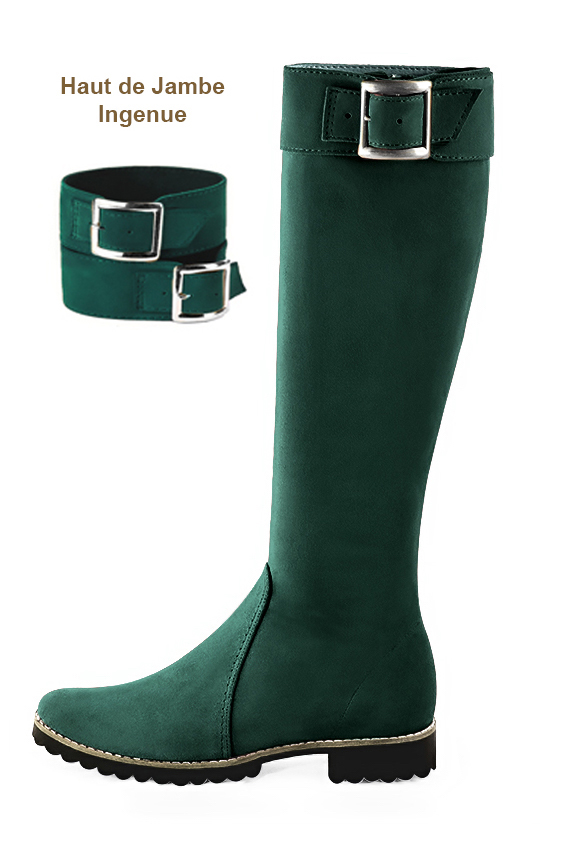 Botte femme : Bottes femme cavalières sur mesures couleur vert bouteille. Bout rond. Semelle gomme talon plat. Vue de profil - Florence KOOIJMAN