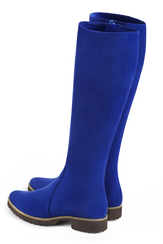 Botte femme : Bottes femme cavalières sur mesures couleur bleu électrique. Bout rond. Semelle gomme talon plat. Vue du dessus - Florence KOOIJMAN