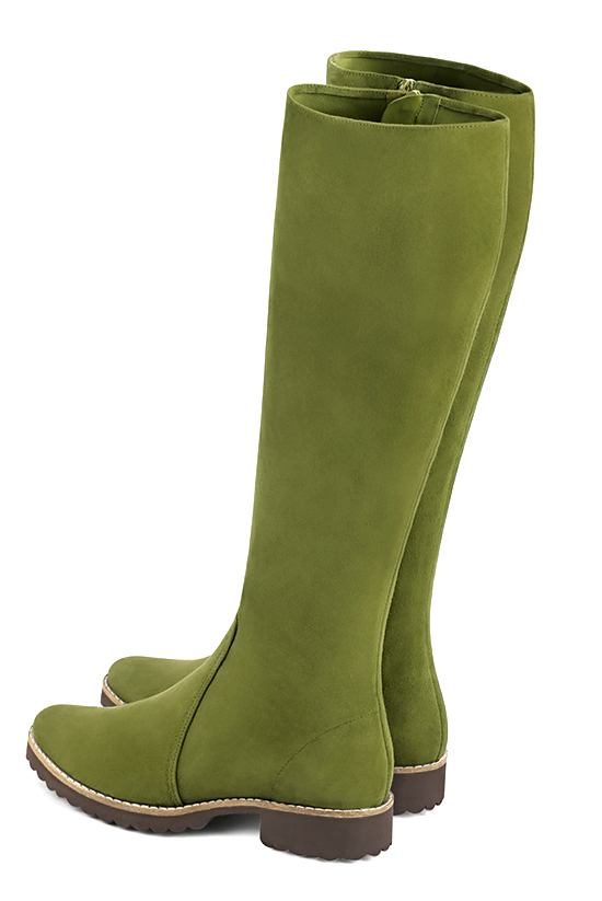 Botte femme : Bottes femme cavalières sur mesures couleur vert pistache. Bout rond. Semelle gomme talon plat. Vue du dessus - Florence KOOIJMAN