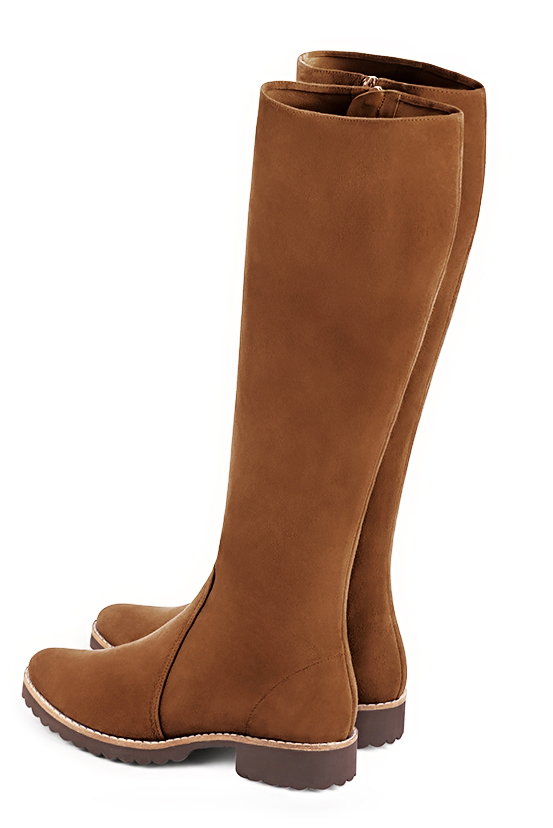 Botte femme : Bottes femme cavalières sur mesures couleur marron caramel. Bout rond. Semelle gomme talon plat. Vue du dessus - Florence KOOIJMAN