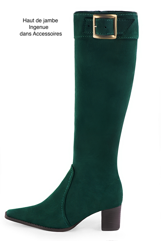 Botte femme : Bottes femme féminines sur mesures couleur vert bouteille. Bout effilé. Talon mi-haut bottier. Vue de profil - Florence KOOIJMAN