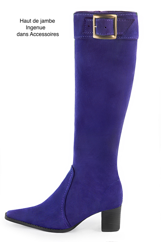 Bottes féminines élégantes et raffinées, réalisées sur mesure, coloris violet outremer. Bout effilé. Mi-haut à haut. Talon bottier. Mollets fins ou larges. Personnalisation : Choix des cuirs, des couleurs et des talons. - Florence KOOIJMAN