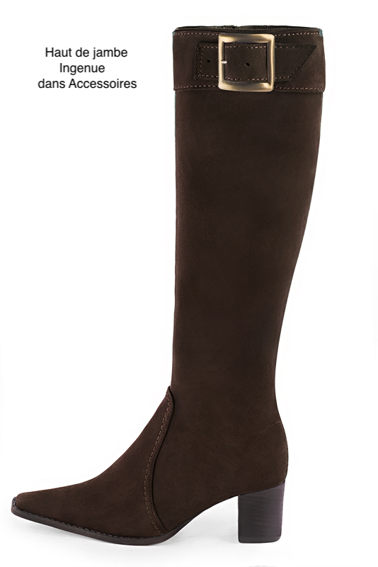 Botte femme : Bottes femme féminines sur mesures couleur marron ébène. Bout effilé. Talon mi-haut bottier. Vue de profil - Florence KOOIJMAN