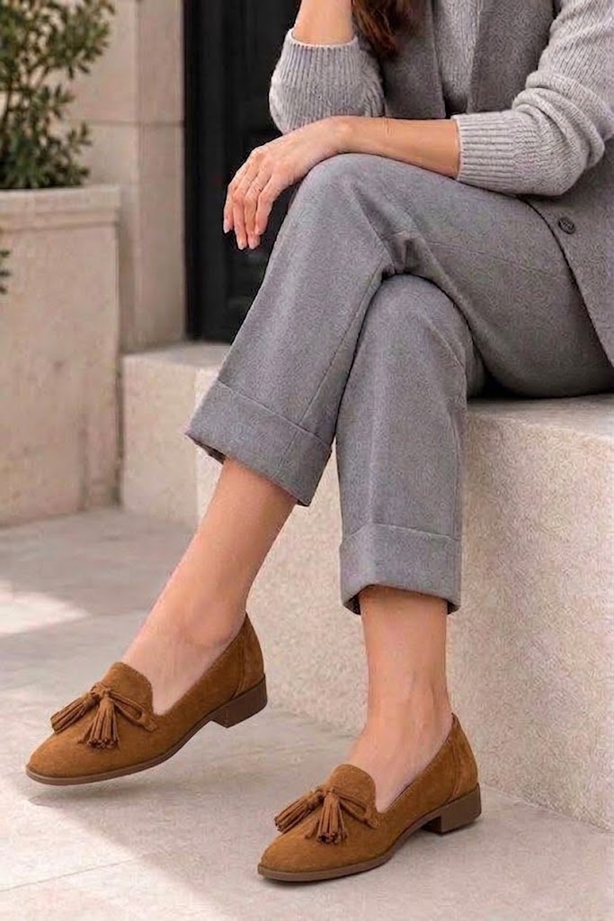 Mocassins habillés femme semelles épaisses en cuir cognac à bout carré - Vue porté