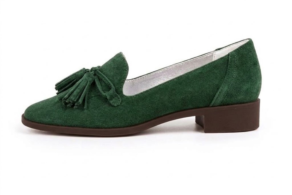 Mocassins habillés femme semelles épaisses en cuir vert sapin à bout carré - Vue de profil