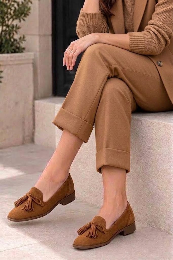 Mocassins habillés femme semelles épaisses en cuir cognac à bout carré - Vue du dessus