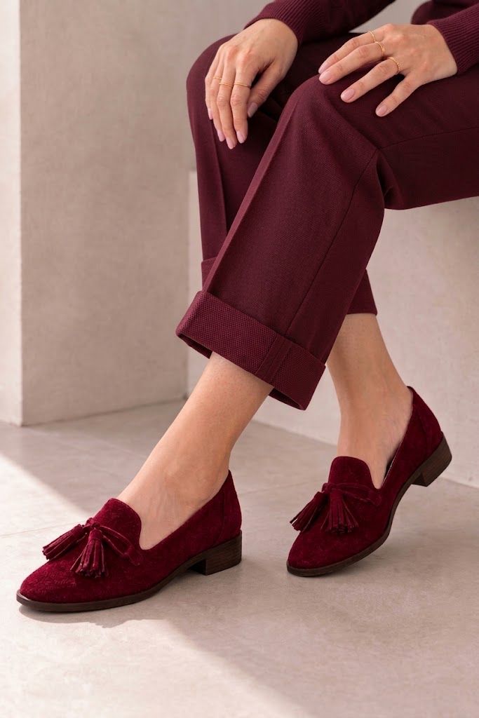 Mocassins habillés femme semelles épaisses en cuir bordeaux à bout carré - Vue du dessus