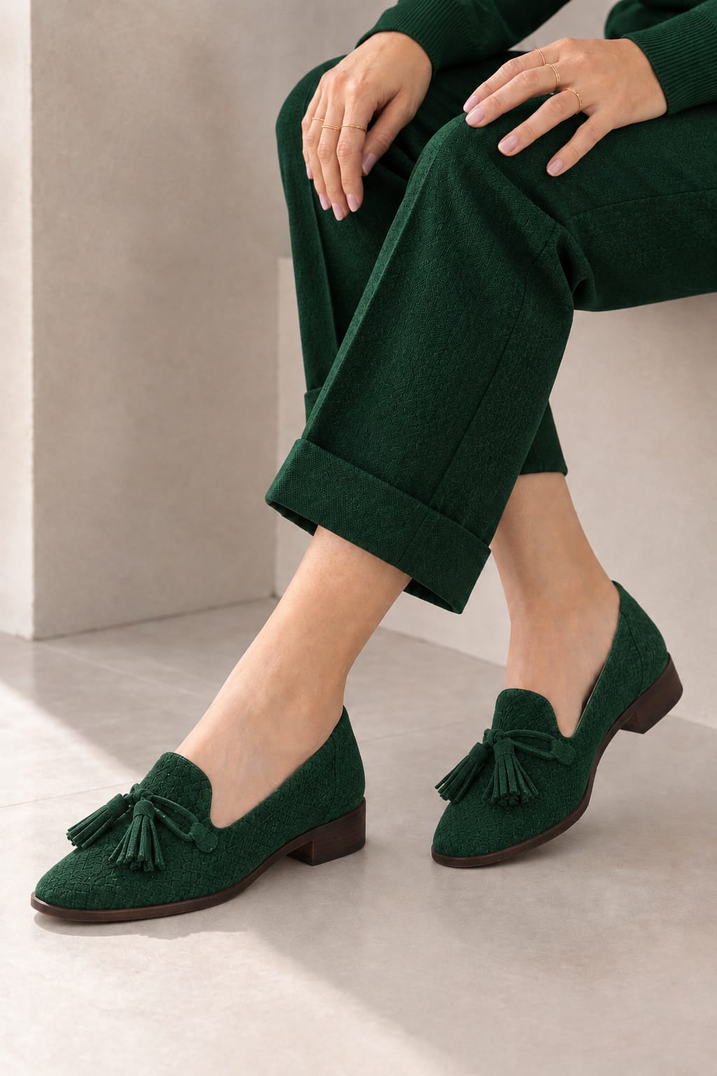 Mocassins habillés femme semelles épaisses en cuir vert sapin à bout carré - Vue du dessus