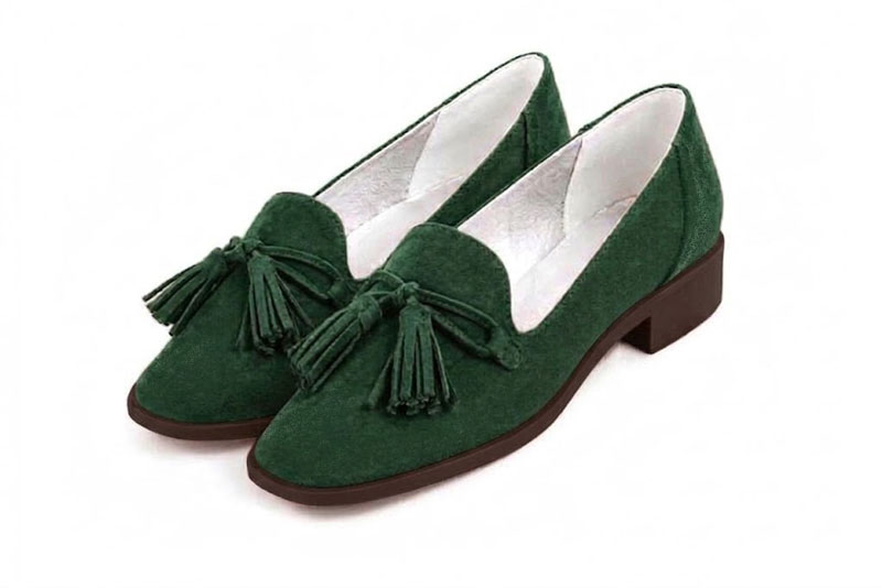 Mocassins habillés femme semelles épaisses en cuir vert sapin à bout carré - Vue avant