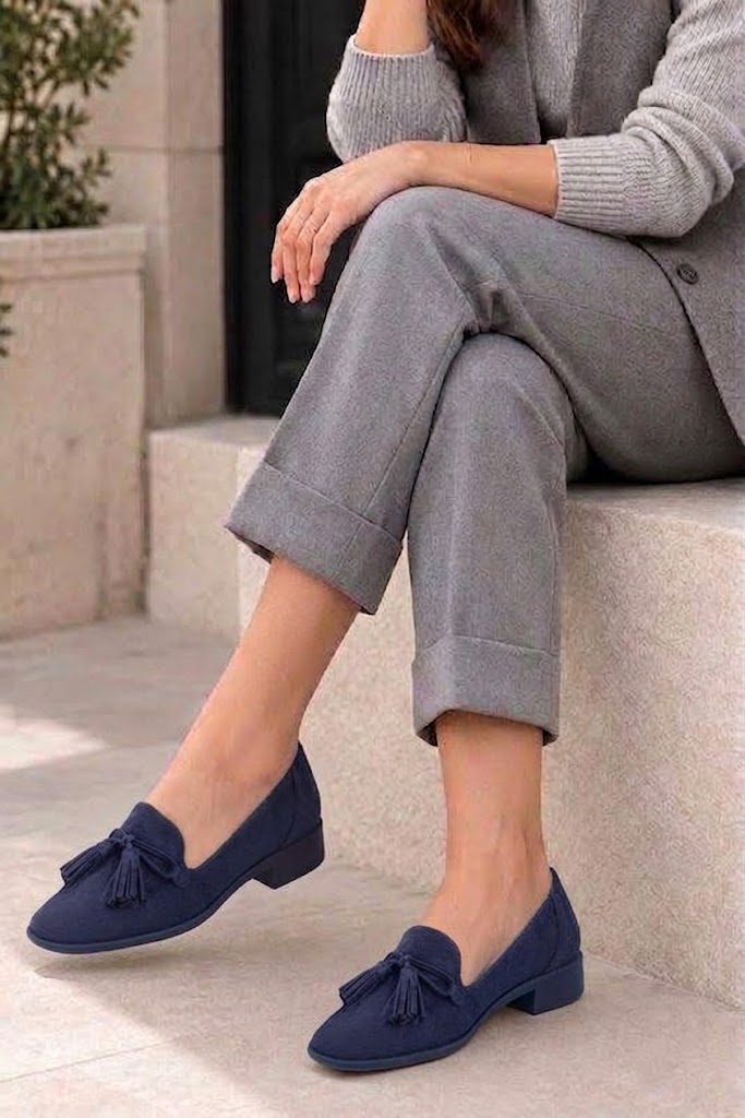 Mocassins habillés femme semelles épaisses en cuir bleu marine à bout carré - Vue porté