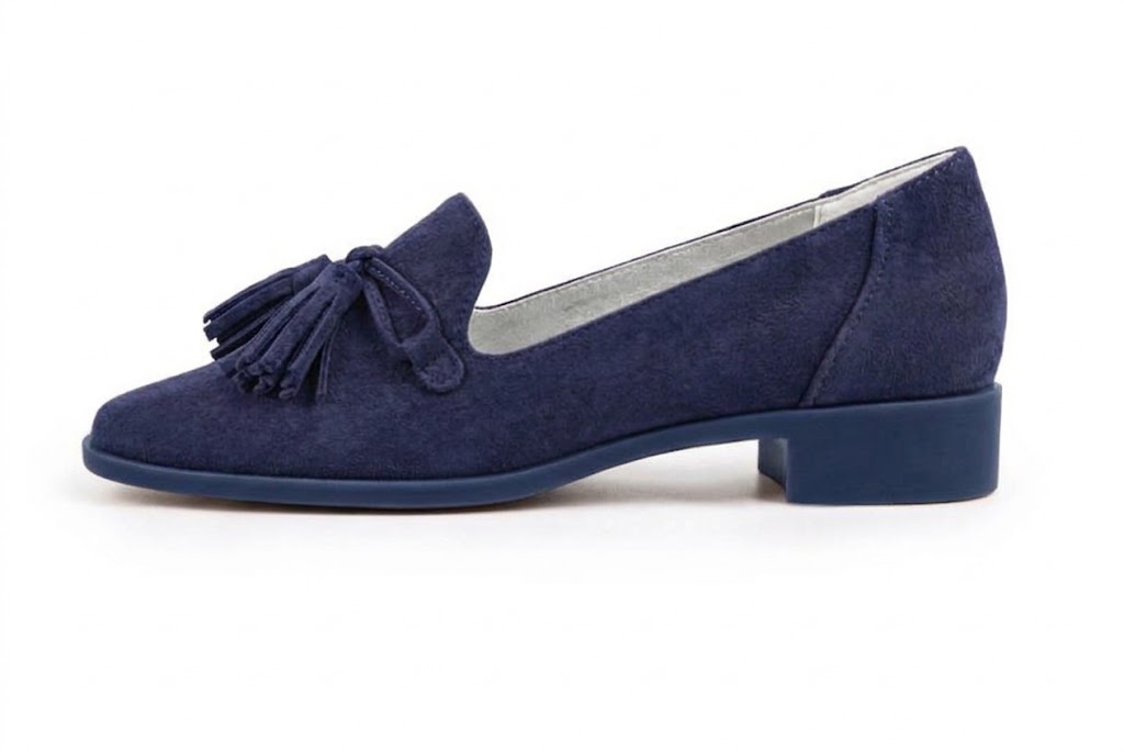 Mocassins habillés femme semelles épaisses en cuir bleu marine à bout carré - Vue de profil