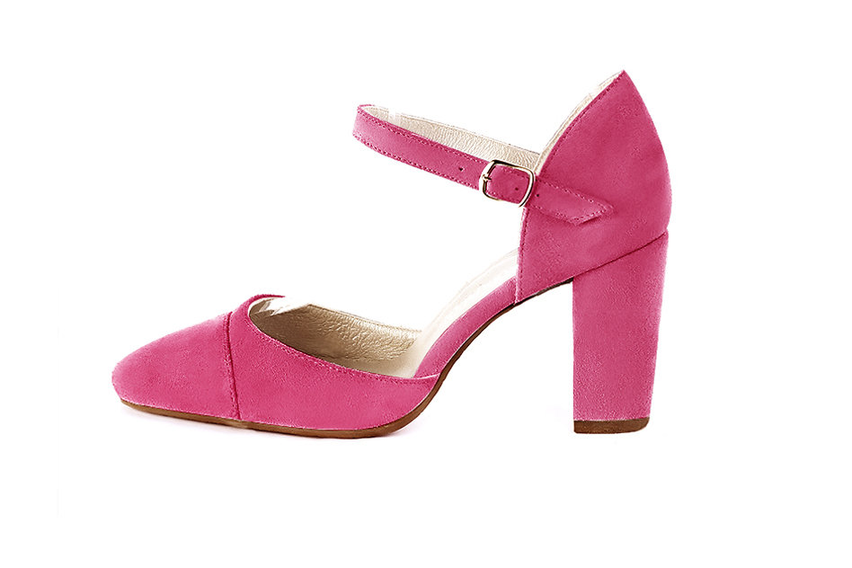 Chaussures bride cou-de-pied femme ouvertes sur les côtés rose fuchsia. Bout rond. Talon bottier de 8.5 cm - Vue de profil