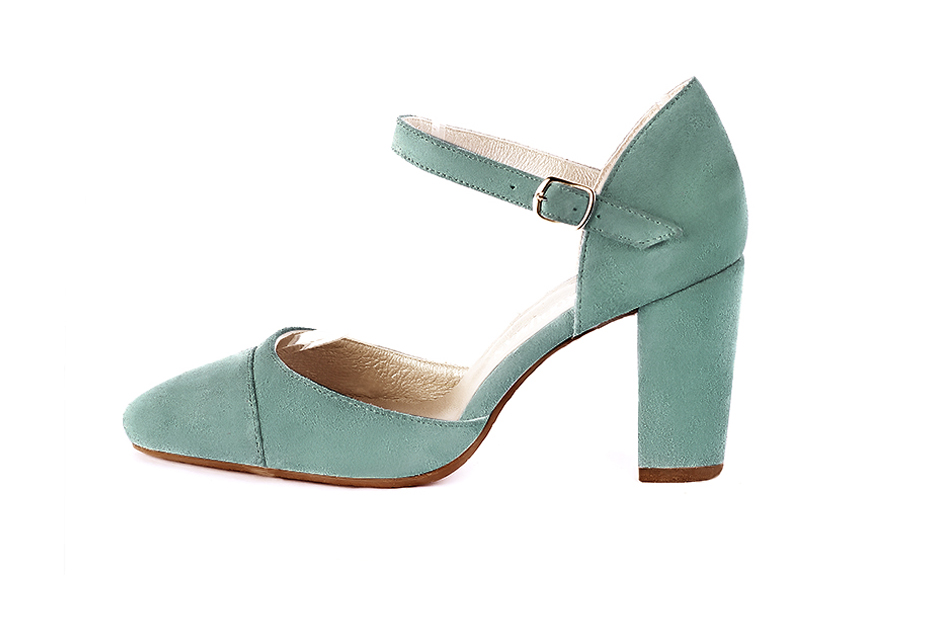 Chaussures bride cou-de-pied femme ouvertes sur les côtés vert pastel. Bout rond. Talon bottier de 8.5 cm - Vue de profil