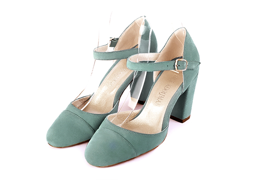 Chaussures bride cou-de-pied femme ouvertes sur les côtés vert pastel. Bout rond. Talon bottier de 8.5 cm - Vue avant
