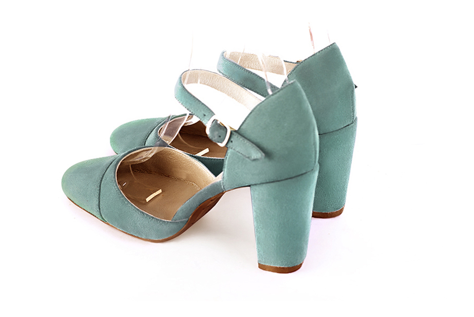 Chaussures bride cou-de-pied femme ouvertes sur les côtés vert pastel. Bout rond. Talon bottier de 8.5 cm - Vue arrière