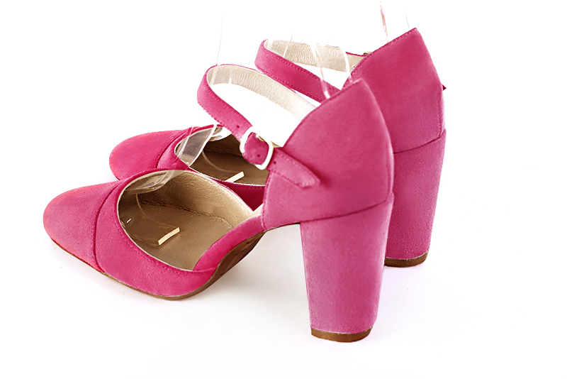 Chaussure femme à brides : Chaussure côtés ouverts bride cou-de-pied couleur rose fuchsia. Bout rond. Talon haut bottier. Vue arrière - Florence KOOIJMAN
