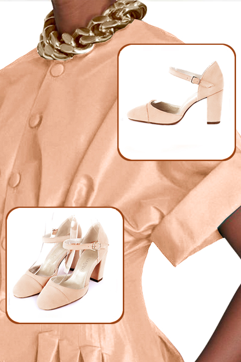 Chaussures bride cou-de-pied femme ouvertes sur les côtés rose poudré. Bout rond. Talon bottier de 8.5 cm - Vue du dessus