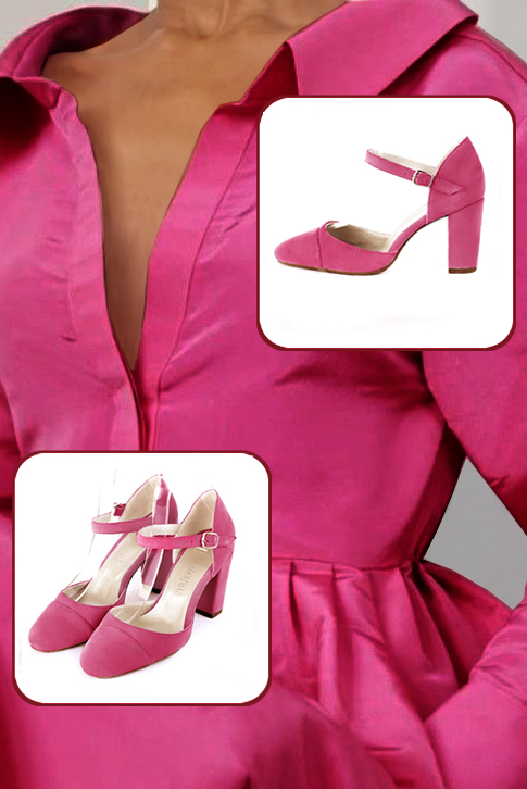 Chaussures bride cou-de-pied femme ouvertes sur les côtés rose fuchsia. Bout rond. Talon bottier de 8.5 cm - Vue du dessus