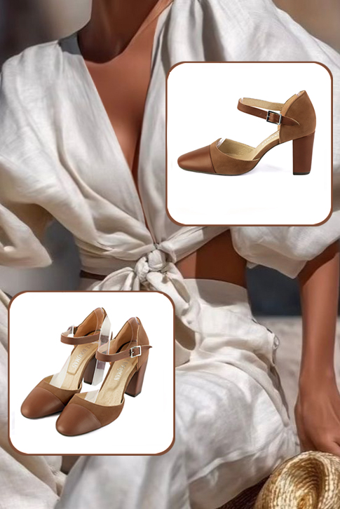 Chaussures bride cou-de-pied femme ouvertes sur les côtés marron caramel. Bout rond. Talon bottier de 8.5 cm - Vue porté