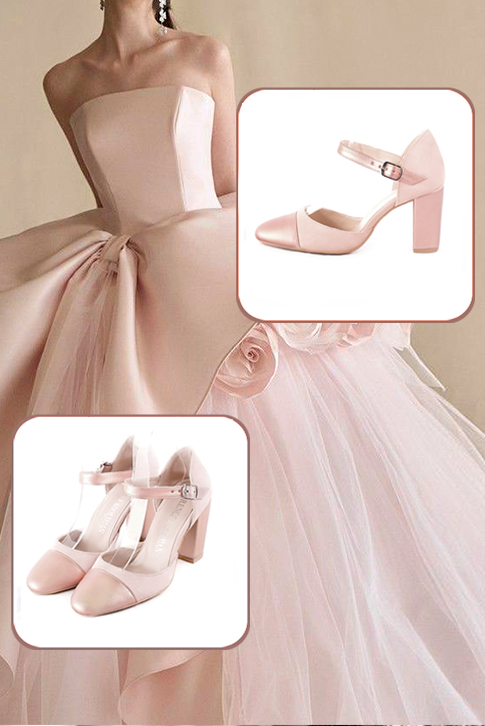 Chaussures bride cou-de-pied femme ouvertes sur les côtés rose poudré. Bout rond. Talon bottier de 8.5 cm - Vue porté