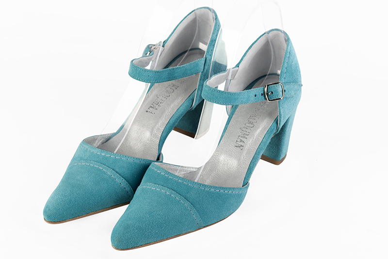 Chaussure femme à brides : Chaussure côtés ouverts bride cou-de-pied couleur bleu lagon. Bout effilé. Talon mi-haut bottier Vue avant - Florence KOOIJMAN
