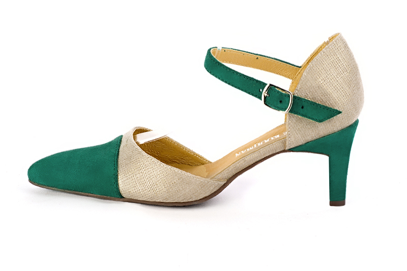 Chaussure femme à brides : Chaussure côtés ouverts bride cou-de-pied couleur vert émeraude et or doré. Bout effilé. Talon mi-haut virgule. Vue de profil - Florence KOOIJMAN