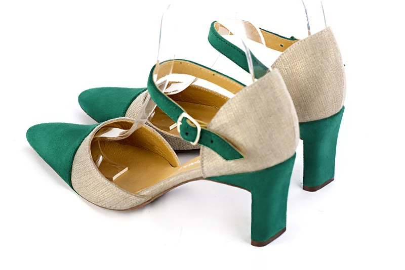 Chaussure femme à brides : Chaussure côtés ouverts bride cou-de-pied couleur vert émeraude et or doré. Bout effilé. Talon mi-haut virgule. Vue arrière - Florence KOOIJMAN