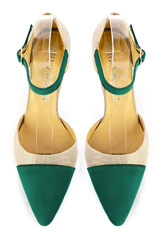 Chaussure femme à brides : Chaussure côtés ouverts bride cou-de-pied couleur vert émeraude et or doré. Bout effilé. Talon mi-haut virgule. Vue du dessus - Florence KOOIJMAN