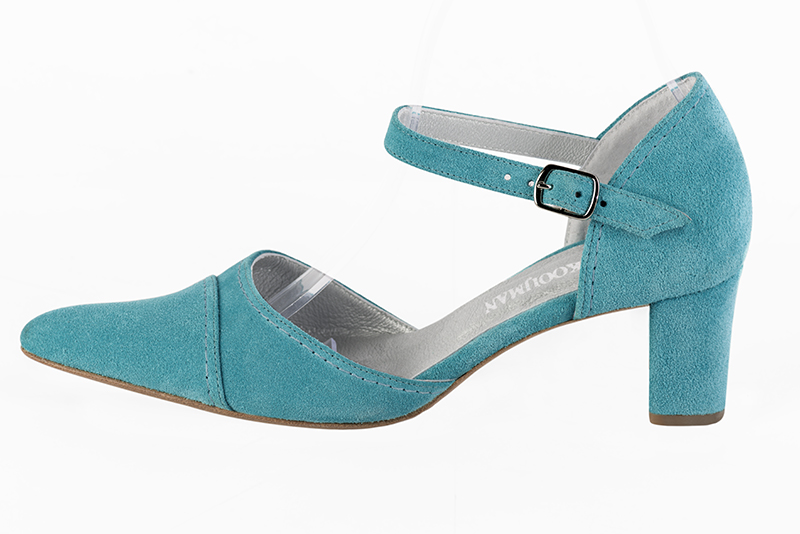 Chaussure femme à brides : Chaussure côtés ouverts bride cou-de-pied couleur bleu lagon. Bout effilé. Talon mi-haut bottier. Vue de profil - Florence KOOIJMAN