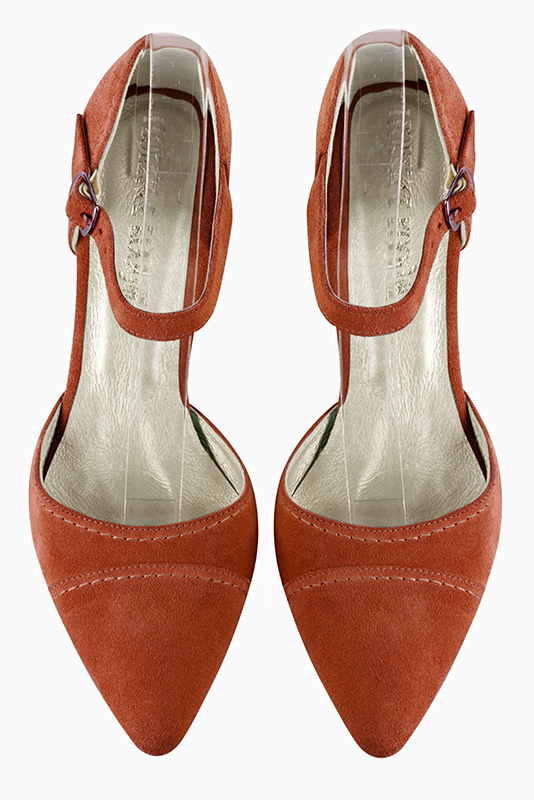 Chaussure femme à brides : Chaussure côtés ouverts bride cou-de-pied couleur orange corail. Bout effilé. Talon mi-haut bottier. Vue du dessus - Florence KOOIJMAN