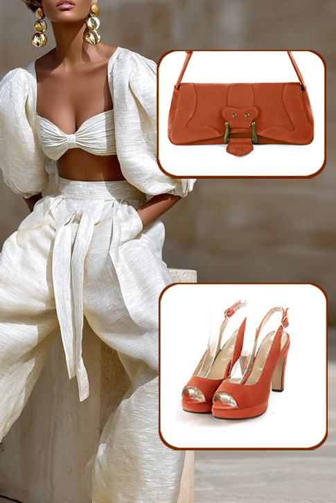 Petit sac baguette habillé femme en cuir orange corail - Vue porté
