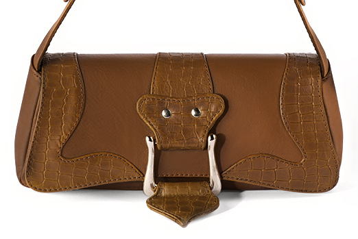 Petit sac baguette habillé femme en cuir marron caramel - Vue de profil