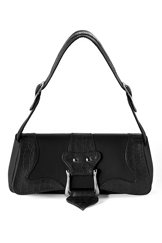 Petit sac baguette habillé femme en cuir noir satiné - Vue du dessus