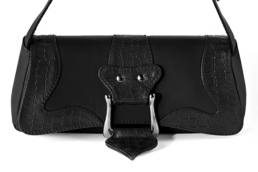 Petit sac baguette habillé femme en cuir noir satiné - Vue de profil