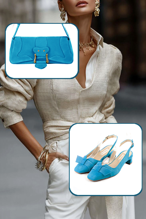 Petit sac baguette habillé femme en cuir bleu turquoise - Vue porté