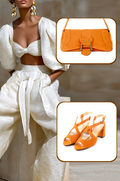 Petit sac baguette habillé femme en cuir orange abricot - Vue porté