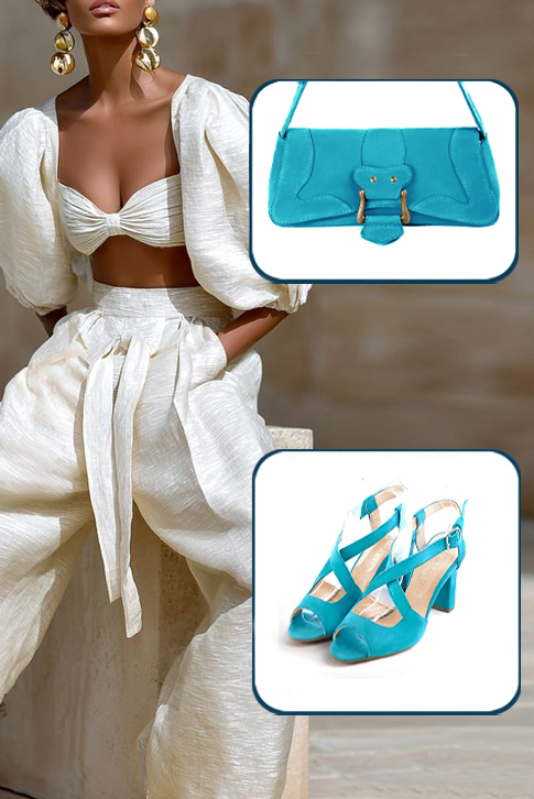 Petit sac baguette habillé femme en cuir bleu turquoise - Vue porté